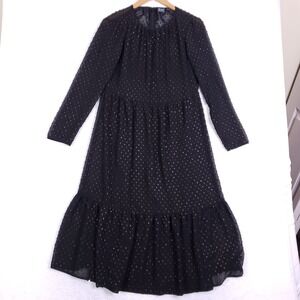 GAP Tiered‎ Midi Dress 4 Long Sleeve Black Copper Metallic Clip Dot Whimsigoth